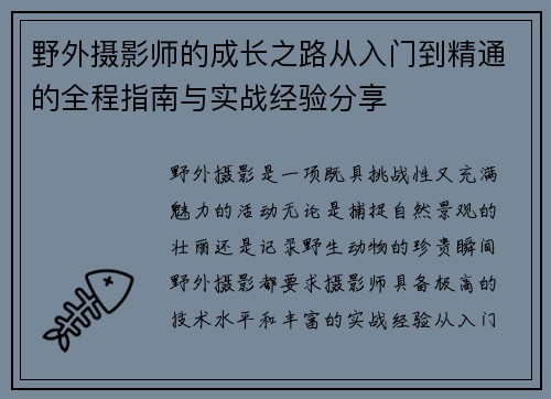 野外摄影师的成长之路从入门到精通的全程指南与实战经验分享